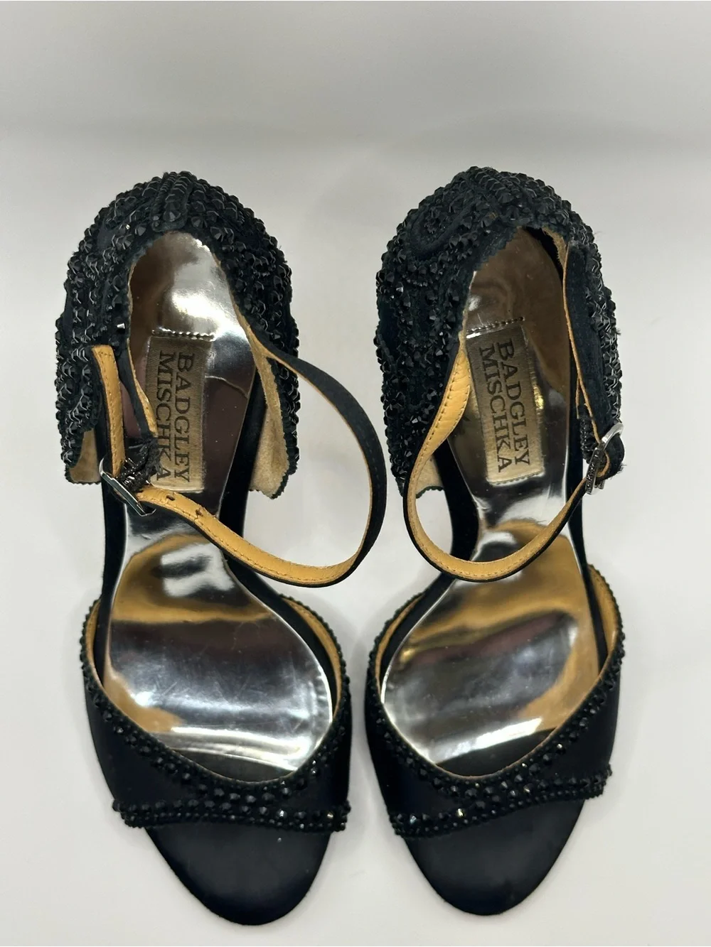 Badgley Mischka Black Beaded Open-Toe Ankle-Strap Heels